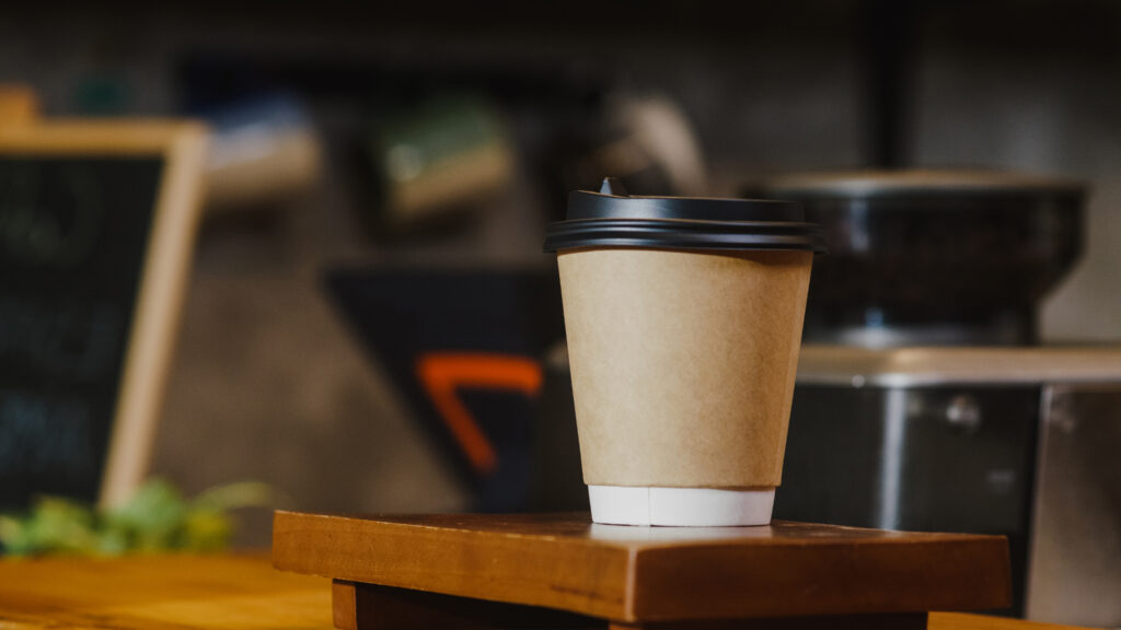 Take Away Hot Coffee Paper Cup Consumer Standing Bar Counter Cafe Restaurant