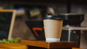 Take Away Hot Coffee Paper Cup Consumer Standing Bar Counter Cafe Restaurant